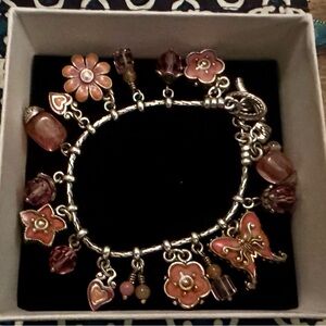 Brighton Orange Pink Enamel Butterfly Flower Beaded Toggle Lock Charm Bracelet